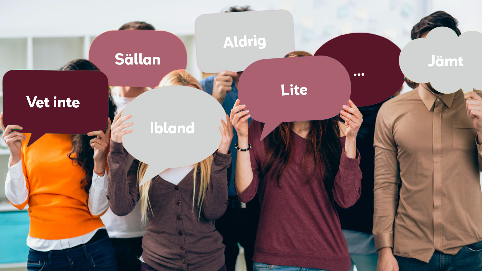 Grupp av personer som håller upp pratbubblor med orden ”Vet inte”, ”Ibland”, ”Sällan”, ”Lite”, ”Aldrig” och ”Jämt”.