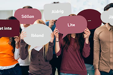 Grupp av personer som håller upp pratbubblor med orden ”Vet inte”, ”Ibland”, ”Sällan”, ”Lite”, ”Aldrig” och ”Jämt”.
